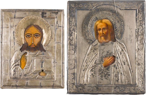Auction 151<br>ZWEI IKONEN MIT OKLAD: CHRISTUS PANTOKRATOR UND HEILIGER SERAPHIM VON SAROW