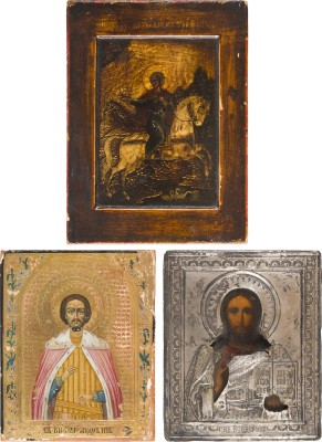 Auktion 151<br>DREI KLEINE IKONEN: CHRISTUS PANTOKRATOR MIT SILBER-OKLAD, HEILIGER ALEXANDER NEWSKI UND HEILIGER TRIFON