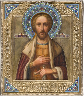 Picture IKONE MIT DEM HEILIGEN ALEXANDER NEWSKI MIT CLOISONNÉ-EMAIL-RIZA