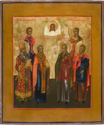 Bild IKONE MIT DEM MANDYLION UND DEN HEILIGEN BONIFATIUS, MEDOST, BLASIUS, SAMON, GURIJ UND AVIV