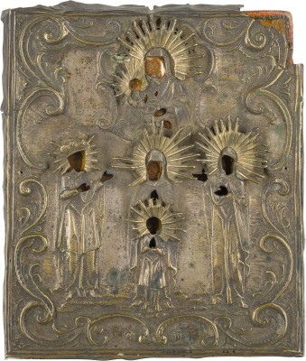 Auction 151<br>KLEINE PATRONATSIKONE MIT DER GOTTESMUTTER 'LINDERE MEINEN KUMMER' UND DEN HEILIGEN BARBARA, JULITTA UND KIRIK UND ANNA MIT OKLAD