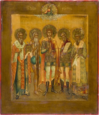 Picture FEINE IKONE MIT DEM HEILIGEN GEORG FLANKIERT VON BLASIUS, ONUPHRIUS, ARTEMIJ UND MEDOST
