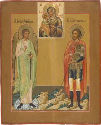 Picture IKONE MIT DER ANBETUNG DER GOTTESMUTTER JERUSALIMSKAJA DURCH DEN SCHUTZENGEL UND DEN HEILIGEN NIKITA