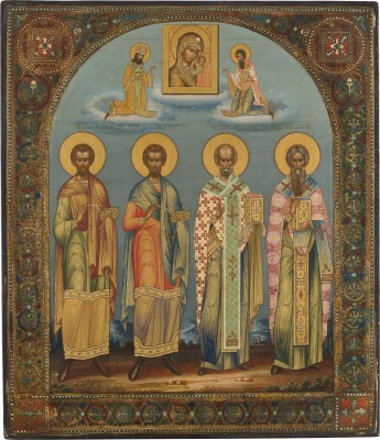Auction 151<br>SEHR FEINE SIGNIERTE UND DATIERTE IKONE MIT DEN HEILIGEN KOSMAS, DAMIAN, NIKOLAUS VON MYRA UND AFINOGEN