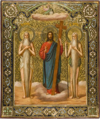 Bild SELTENE IKONE MIT CHRISTUS FLANKIERT VON DEN EREMITEN ONUPHRIUS UND PETER VOM ATHOS
