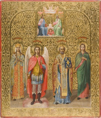 Picture GROSSFORMATIGE UND FEINE IKONE MIT DER NEUTESTAMENTLICHEN DREIFALTIGKEIT MIT DEN HEILIGEN KATHARINA, DEM ERZENGEL MICHAEL, NIKOLAUS VON MYRA UND NADESCHDA