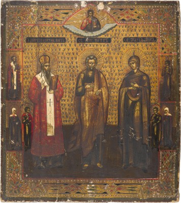Bild IKONE MIT DEM APOSTEL PETRUS FLANKIERT VON DEN HEILIGEN ANATOLIUS, PATRIARCH VON KONSTANTINOPEL, UND MARIA MAGDALENA