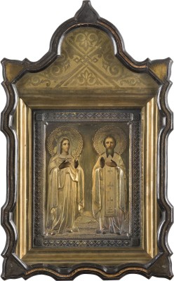 Auction 151<br>IKONE MIT DEN HEILIGEN ZINAIDA UND WASILIJ MIT VERMEIL-OKLAD IM KIOT