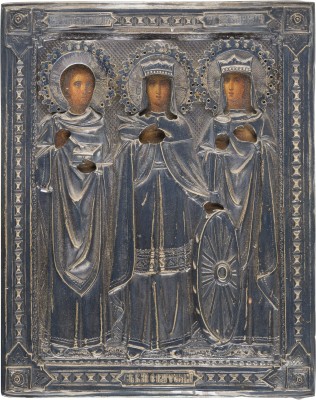 Picture KLEINE IKONE MIT DER HEILIGEN KATHARINA FLANKIERT VON DEN HEILIGEN PANTELEIMON UND BARBARA MIT SILBER-OKLAD