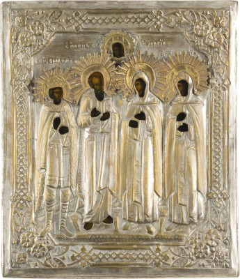 Auction 151<br>IKONE MIT DEN HEILIGEN WLADIMIR, JOHANNES DEM EVANGELISTEN, EUDOKIA UND MARIA MIT OKLAD