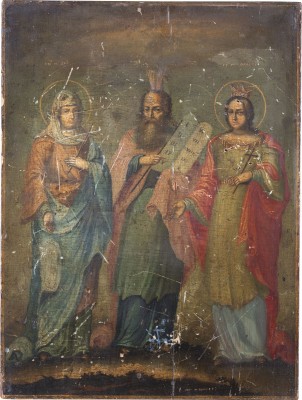 Auction 151<br>SIGNIERTE UND DATIERTE IKONE MIT MOSES FLANKIERT VON ZWEI MÄRTYRERINNEN