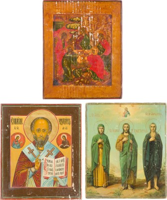 Auction 151<br>DREI IKONEN: PATRONATSIKONE MIT DEN HEILIGEN ANNA, JOHANNES DEM VORLÄUFER UND MARIA VON ÄGYPTEN, NIKOLAUS VON MYRA UND ALTTESTAMENTLICHE DREIFALTIGKEIT