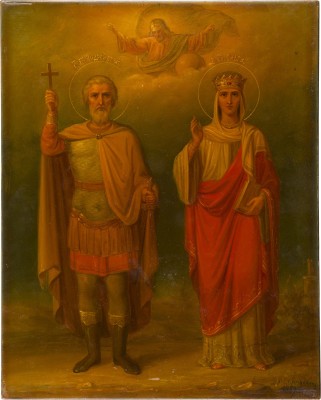 Auktion 151<br>KLEINE SIGNIERTE UND DATIERTE IKONE MIT DEN HEILIGEN ANDREAS STRATELATES UND OLGA