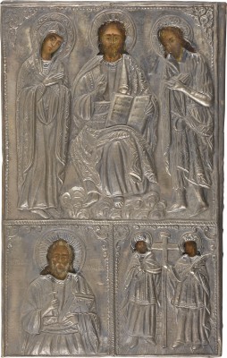 Picture GROSSFORMATIGE DREIFELDER-IKONE MIT DEESIS, DEM APOSTEL ANDREAS UND DEN HEILIGEN KONSTANTIN UND HELENA MIT SILBER-OKLAD
