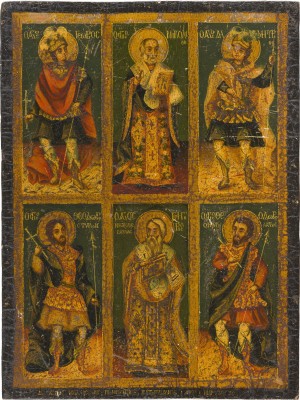 Auction 151<br>DATIERTE MEHRFELDER-IKONE MIT DEN HEILIGEN GEORG, NIKOLAUS VON MYRA, DEMETRIOS, THEODOR TIRON, GREGOR UND THEODOR STRATELATES