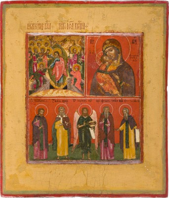 Picture FEINE DREIFELDER-IKONE MIT DER HÖLLENFAHRT CHRISTI, DER GOTTESMUTTER VON WLADIMIR UND AUSGEWÄHLTEN HEILIGEN