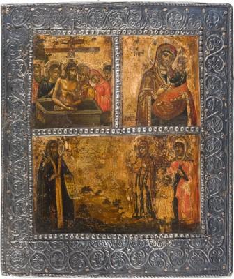 Picture DREIFELDER-IKONE MIT DER GOTTESMUTTER VON TICHWIN, 'WEINE NICHT UM MICH, MUTTER' UND HEILIGEN MIT SILBER-BASMA