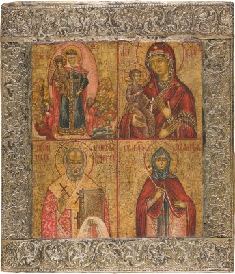 Bild VIERFELDER-IKONE MIT GNADENBILDERN DER GOTTESMUTTER UND DEN HEILIGEN NIKOLAUS VON MYRA MIT BASMA UND PELAGIA