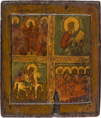 Bild VIERFELDER-IKONE MIT DER HADESFAHRT CHRISTI, DEM EVANGELISTEN JOHANNES, GEORG UND HEILIGEN TIERPATRONEN