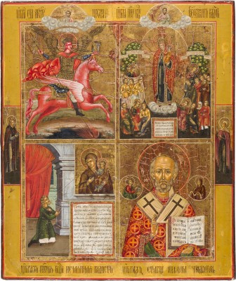 Picture GROSSFORMATIGE VIERFELDER-IKONE MIT DEM ERZENGEL MICHAEL ALS APOKALYPTISCHER REITER, GNADENBILDERN DER GOTTESMUTTER UND DEM HEILIGEN NIKOLAUS VON MYRA