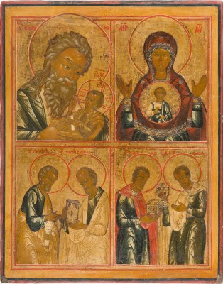 Bild GROSSE VIERFELDER-IKONE MIT SIMEON DEM GOTTESTRÄGER, DER GOTTESMUTTER DES ZEICHEN, DEN APOSTELN PETRUS UND PAULUS UND KOSMAS UND DAMIAN