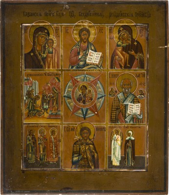 Picture NEUN-FELDER-IKONE MIT CHRISTUS PANTOKRATOR, GNADENBILDERN DER GOTTESMUTTER UND AUSGEWÄHLTEN HEILIGEN
