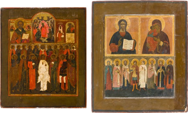 Auction 151<br>ZWEI MEHRFELDER-IKONEN MIT CHRISTUS PANTOKRATOR, DER GOTTESMUTTER UND HEILIGEN