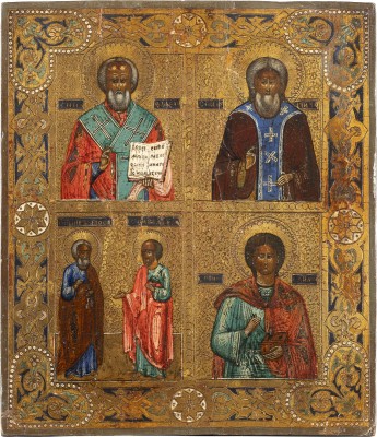 Picture VIERFELDER-IKONE MIT DEN HEILIGEN NIKOLAUS VON MYRA, SERGEJ VON RADONESCH, PETRUS UND PAULUS UND PANTELEIMON