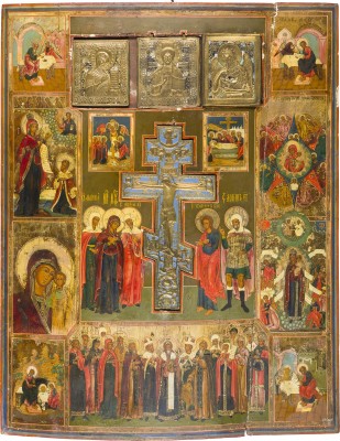 Bild MONUMENTALE STAUROTHEK MIT DER KREUZIGUNG, DEN VIER EVANGELISTEN, GNADENBILDERN DER GOTTESMUTTER UND HEILIGEN