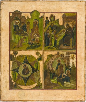 Picture VIERFELDER-IKONE MIT DER GEBURT DER GOTTESMUTTER, DER GEBURT CHRISTI, DER GOTTESMUTTER 'UNVERBRENNBARER DORNBUSCH' UND DER HÖLLENFAHRT