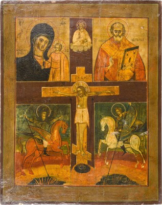 Bild VIERFELDER-IKONE MIT DER KREUZIGUNG CHRISTI, DER GOTTESMUTTER VON KASAN, DEM HEILIGEN NIKOLAUS VON MYRA UND ZWEI REITERHEILIGEN