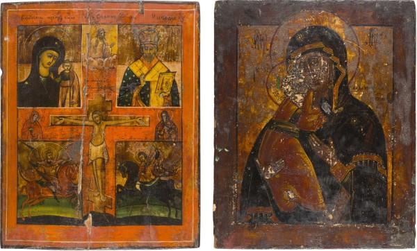 Auktion 151<br>ZWEI IKONEN: GOTTESMUTTER VON WLADIMIR (WLADIMIRSKAJA) UND VIERFELDER-IKONE