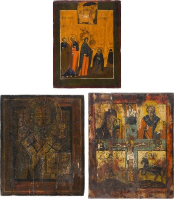 Auktion 151<br>DREI IKONEN: VIERFELDER-IKONE, HEILIGER NIKOLAUS VON MYRA UND ERSCHEINEN DER GOTTESMUTTER VOR DEM HEILIGEN SERGEJ VON RADONESCH