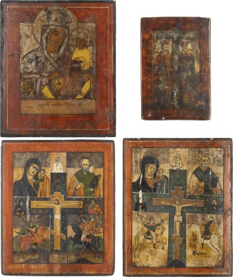 Auction 151<br>VIER IKONEN: ZWEI VIERFELDER-IKONEN, GOTTESMUTTER 'DIE SCHNELL ERHÖRENDE' (SKOROPOSLUSNITSA) UND KONSTANTIN UND HELENA