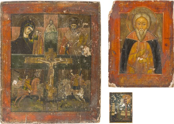 Auktion 151<br>DREI IKONEN: PILGER-IKONE, HEILIGER SERGEJ VON RADONESCH UND VIERFELDER-IKONE