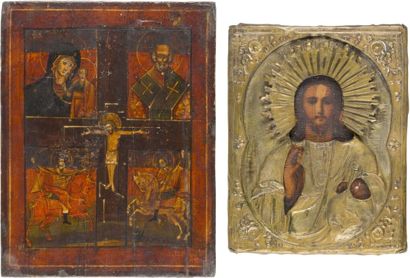 Auktion 151<br>ZWEI KLEINE IKONE: CHRISTUS PANTOKRATOR MIT OKLAD UND VIERFELDER-IKONE
