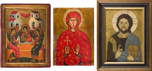 Auction 151<br>DREI IKONEN MIT CHRISTUS PANTOKRATOR, DER HEILIGEN MARINA UND DER ALTTESTAMENTLICHEN DREIFALTIGKEIT