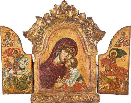 Bild TRIPTYCHON MIT DER GOTTESMUTTER DER PASSION UND DEN REITERHEILIGEN GEORG UND DEMETRIOS