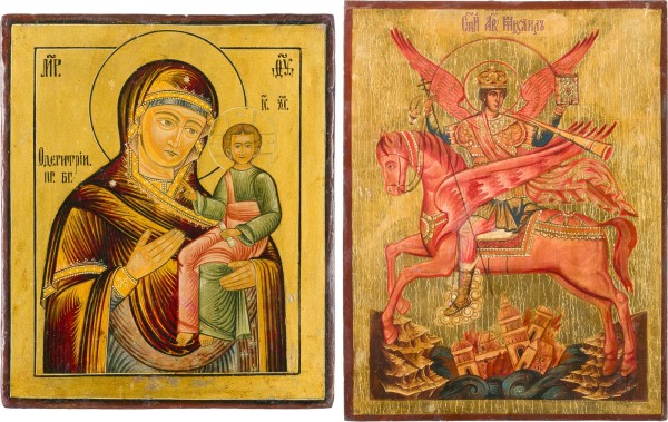 Auction 151<br>ZWEI IKONEN: ERZENGEL MICHAEL ALS APOKALYPTISCHER REITER UND GOTTESMUTTER HODEGETRIA