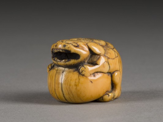 Auktion 152<br>EIN NETSUKE EINES SHISHI MIT KUGEL AUS ELFENBEIN
