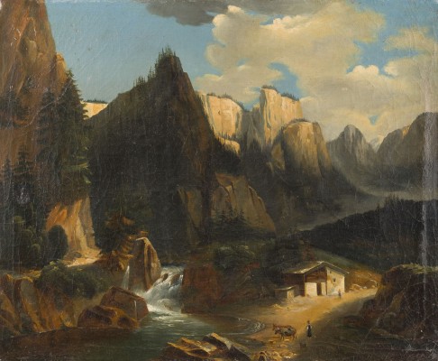 Bild ALPINE LANDSCHAFT MIT HÜTTE, WASSERFALL UND STAFFAGE