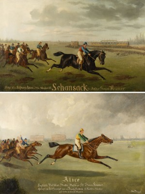 Auktion 155<br>ZWEI GEMÄLDE: 'SIEGER BEI ERÖFFNUNGSRENNEN IN MAI MÜNCHEN 1875, SCHANSACK, BESITZER SIMON KRAMER '