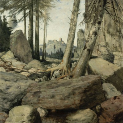 Bild FELSIGE WALDLICHTUNG MIT BLICK AUF EINE BURGRUINE, 1901