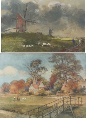 Auktion 155<br>ZWEI LANDSCHAFTEN: GEWITTERHIMMEL ÜBER ACKERLAND MIT WINDMÜHLEN. KLARER TAG AM DORFRAND