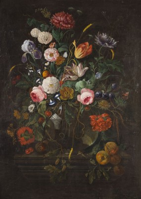 Auktion 155<br>BLUMENSTILLLEBEN MIT TULPEN, ROSEN, NELKEN, LILIEN UND MARGERITEN