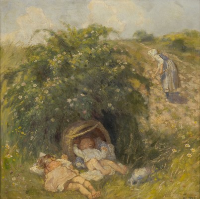 Auction 155<br>SOMMERLANDSCHAFT MIT ARBEITENDER MUTTER UND SCHLAFENDEN KINDERN IM SCHATTEN