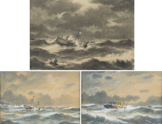 Auktion 155<br>ZWEI AQUARELLE UND EINE BLEISTIFTZEICHNUNG MIT SCHIFFBRUCHSSZENEN AUF OFFENER SEE