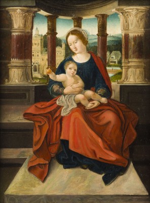 Auction 155<br>MADONNA MIT KIND MIT BLICK AUF EINE WEITE LANDSCHAFT MIT KLOSTERKIRCHE UND BÄUERLICHEN ANWESEN