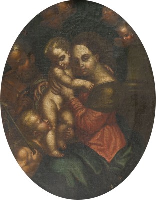 Auktion 155<br>HEILIGE FAMILIE MIT MADONNA MIT KIND, JOSEF, DEM JOHANNESKNABEN UND SCHWEBENDEN ENGELN