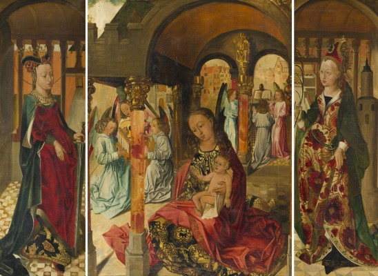 Auction 155<br>TRIPTYCHON: JUNGRAU MARIA MIT KIND, UMGEBEN VON SINGENDEN ENGEL. FRANKIERT RECHTS VON DER HEILIGEN BARBARA, LINKS VON DER HEILIGEN KATHARINA